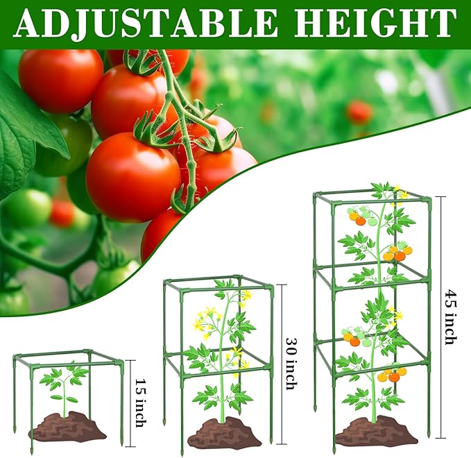 ZeeDix 6 Pack Heavy Duty Tomato Cages for Garden 45 Inches, Square Adjustable Tomato Trellis Cage Climbing Plant Support Trellis Plant Cages for Climbing Vegetables Flowers with 40Pcs Clips