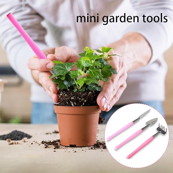 Mini Gardening Tools, 3Pcs Stainless Succulent Tools Kit Shovel Rake Trowel, 2 Colors Hand Shovel for Gardening for Indoor Small Plants, Succulents, Potted Plants, Bonsai (Pink)