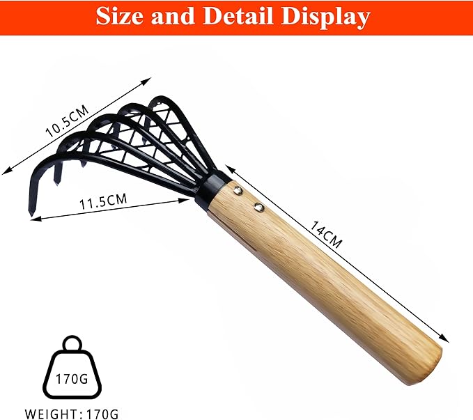 SHANFEEK Garden Rake 5-Claw Landscape Dethatcher Thatching Beach Combing Rake for Digging Clam Shell Defoliation Hoe Garden Tool for Loosen The Soil (Brown)