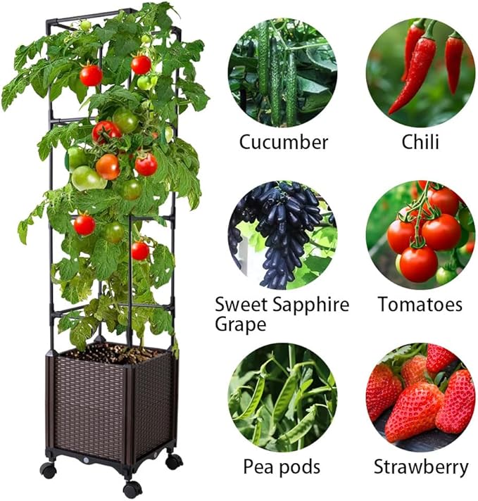 Raised Garden Bed with Tomato Cage & Trellis, 56" Self-Watering Tomato Planter Box for Vegetables Flowers | Lockable Wheels, Vertical Gardening | Indoor Outdoor Patio Use, Easy Assembly