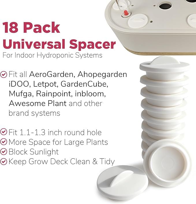 Universal Plant Spacer Caps (18 Pack) Compatible with Aerogarden, Ahopegarden, GardenCube, iDOO, Mufga, Letpot and Other Hydroponics Growing System Kit, Pod Cover Lids for Indoor Garden Kit, White