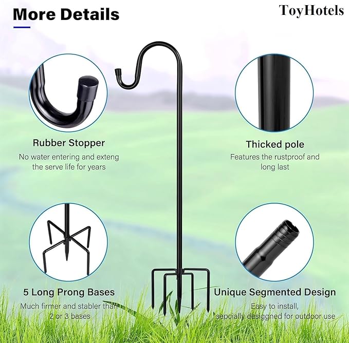 ToyHotels Shepherd Hooks for Outdoor, 2 Pack 62 Inch Bird Feeder Pole with 5 Prongs Base for Hanging Lantern, Hummingbird Feeder, Lightweight Plant, Shepherds Hook for Bird Feeders for Outside
