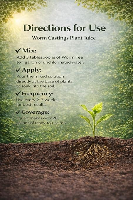 Worm Castings Tea Plant Juice - Gallon. Concentrated Worm Tea with Kelp and Feather Meals. Indoor and Outdoor Soil Restorer and Plant Fertilizer for All Vegetation with Soil. (Gallon)