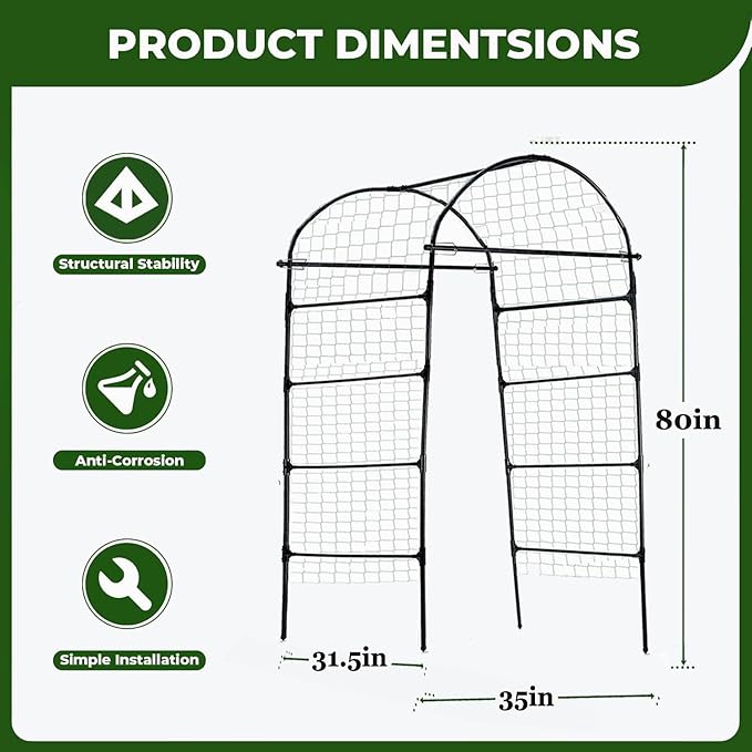 80 Inch Tall Garden Arch Trellis for Climbing Plants Outdoor, Grape Trelli Metal Vine Plants Support Flower Vegetable Tomato (Black, 33" L x 33" W x 80" H - Arch Trellis)