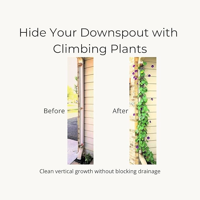 Downspout Trellis for Rain Gutters and Downspouts 9 ft x 4 in Climbing Plant Support HDPE Mesh with Mounting Hardware for Clematis and Vines, Scroll Trellis 1-Pack