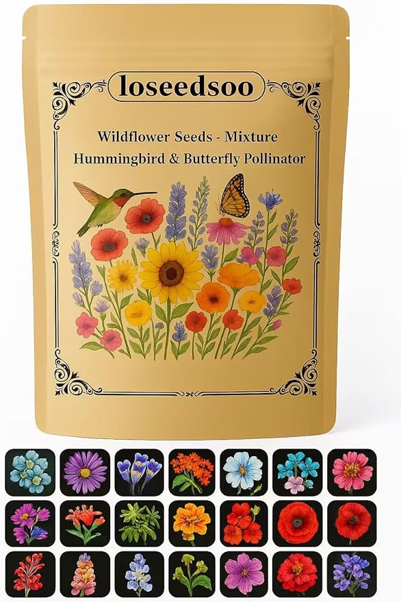 Wildflower Seeds Mix – 7500+ Non-GMO Flower Seeds for Planting, 1oz Bulk Pack, 23 Varieties for Hummingbird & Butterfly Garden, Covers 100 Sq Ft – Pollinator Friendly by Loseedsoo