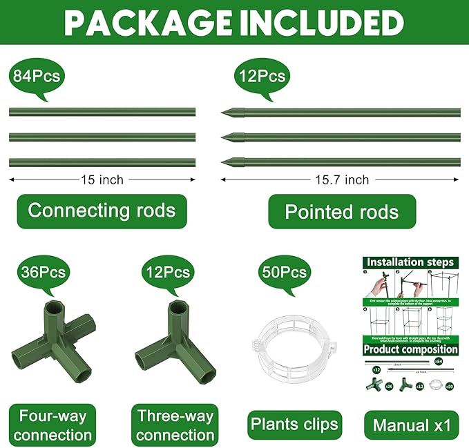 Unves 3 Pack Tomato Cage for Garden, 16" W x 66" H Square Tomato Trellis Plant Support Frame with 50 Pcs Plant Clips, Suitable for Climbing Vegetables, Flowers, and Fruits