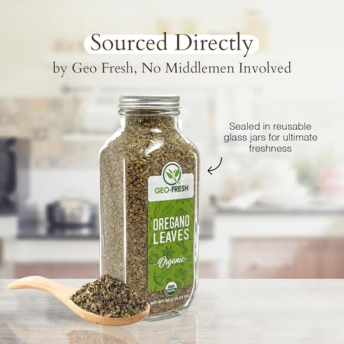 Geo-Fresh Organic Oregano, 2.12 oz (60g) | Seasoning | Best on Pizza, Pasta, Soup, Chicken & many more | Non-GMO, Kosher, 100% Organic, Gluten Free, USDA Certified