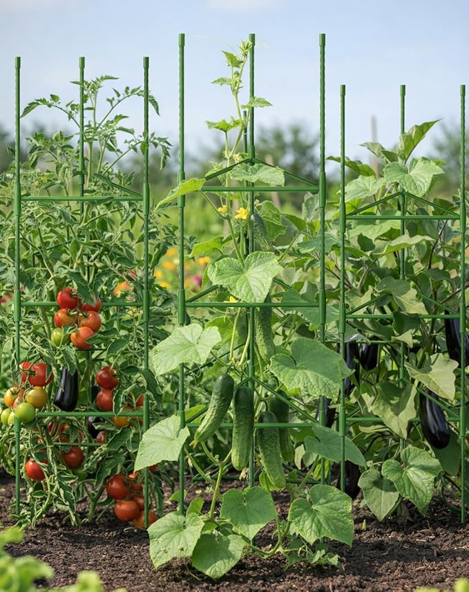 Growsun 51 inch Tomato Cage Heavy-Duty Plant Support Cucumber & Vine Vegetables – Adjustable Green Metal Garden Trellis for Climbing Plants, Indoor & Outdoor Use, 3 Pack