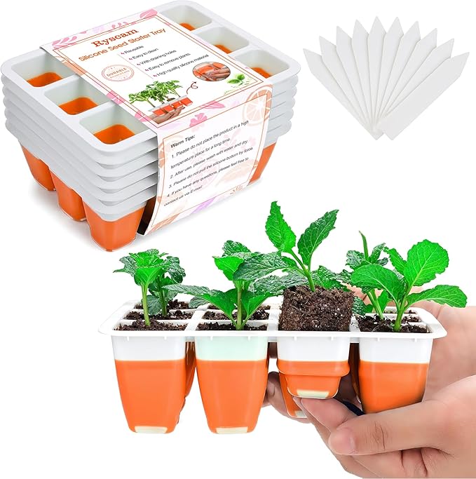 6pcs Reusable Seed Starter Kit, 72 Cells Seed Starter Trays, Silicone Seedling Starter Trays for Starting Plant Seeds with Flexible pop-Out Cells, Indoor Gardening Plant Germination Trays, Orange