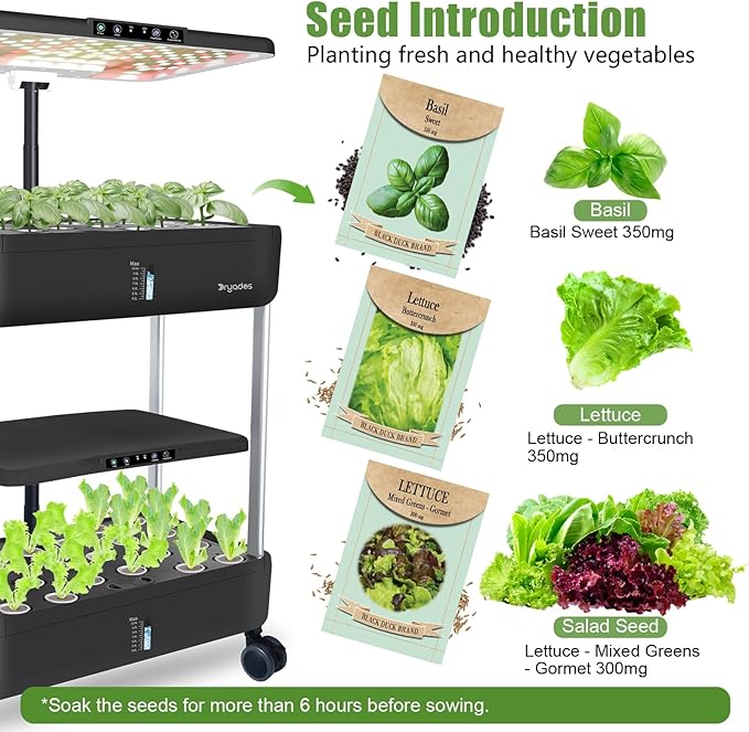 DRYADES 44-Pod Indoor Hydroponic Growing System + 3 Free Seeds Starter Kit (Lettuce, Salad Mixed, Basil Seeds) – Dual 53W Full-Spectrum LED, 10-L Water Tank, 2-Tier Grow Pods (44 Pods)