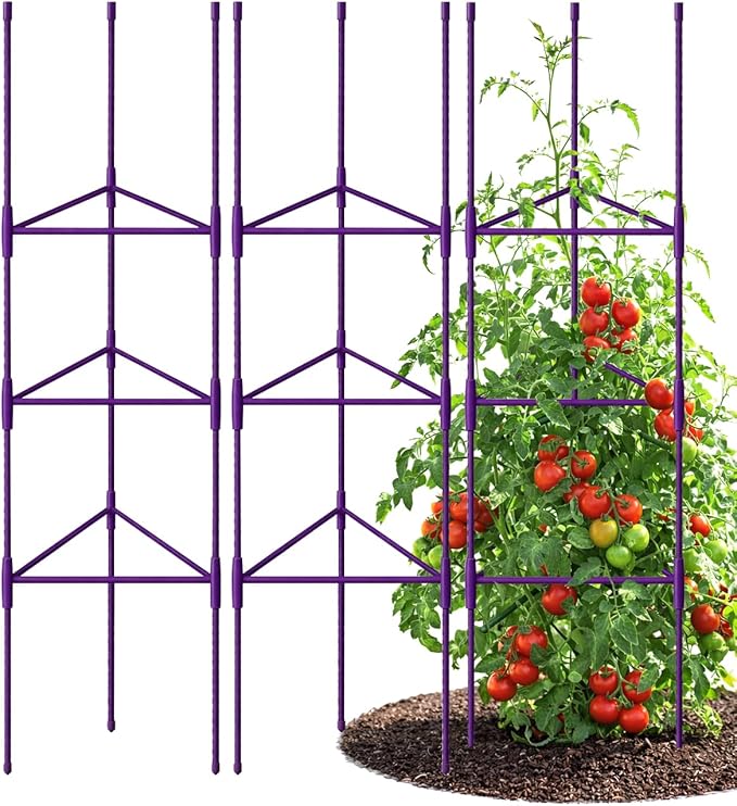 Growsun 51 inch Tomato Cage Heavy-Duty Plant Support Cucumber & Vine Vegetables – Adjustable Purple Metal Garden Trellis for Climbing Plants, Indoor & Outdoor Use, 3 Pack