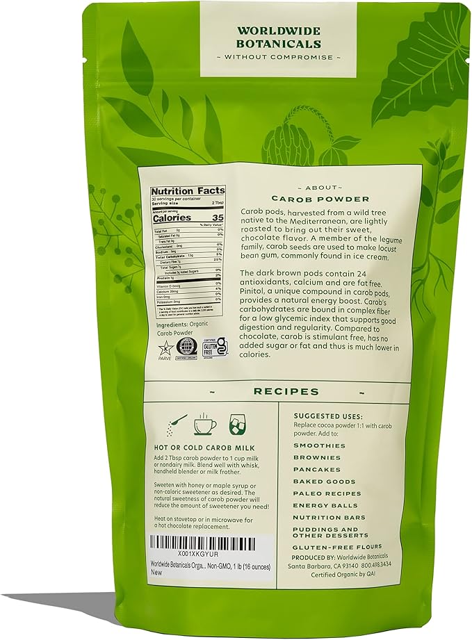 Worldwide Botanicals Organic Carob Powder, Medium Roast – 1 lb – Caffeine Free Cocoa Alternative – Low Fat Super Food with Natural Sweetness– Gluten Free, Kosher, 16 ounces