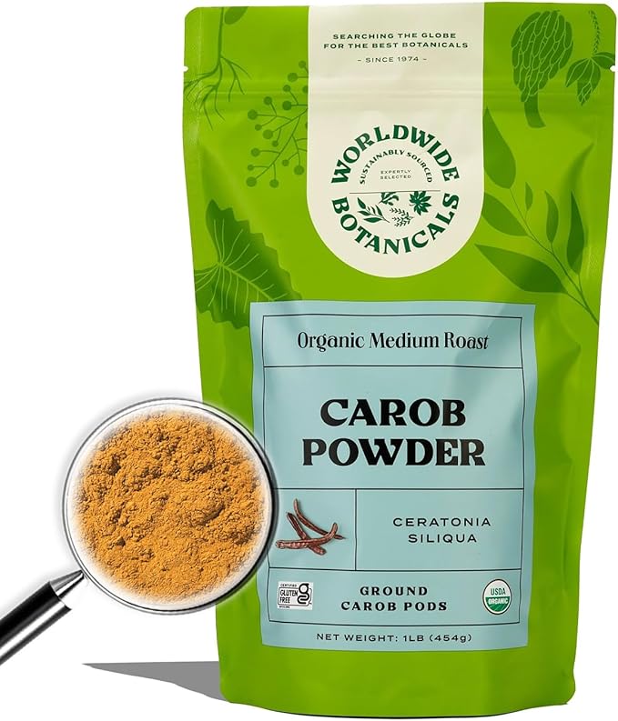 Worldwide Botanicals Organic Carob Powder, Medium Roast – 1 lb – Caffeine Free Cocoa Alternative – Low Fat Super Food with Natural Sweetness– Gluten Free, Kosher, 16 ounces, Pack of 2