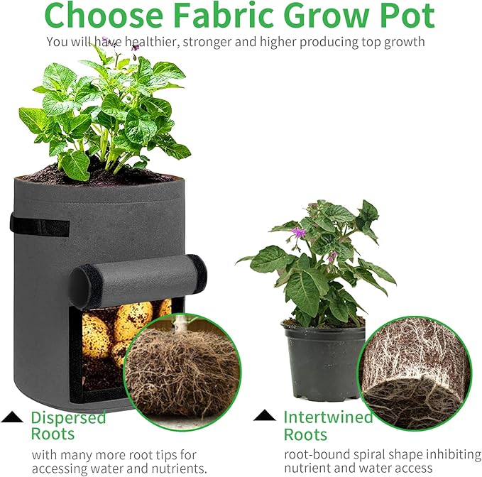 JJGoo 4 Pack Potato Grow Bags 10 Gallon with Flap, Heavy Duty Fabric with Handle and Harvest Window, Non-Woven Planter Pot Plant Garden Bags to Grow Vegetables Tomato, Dark Grey
