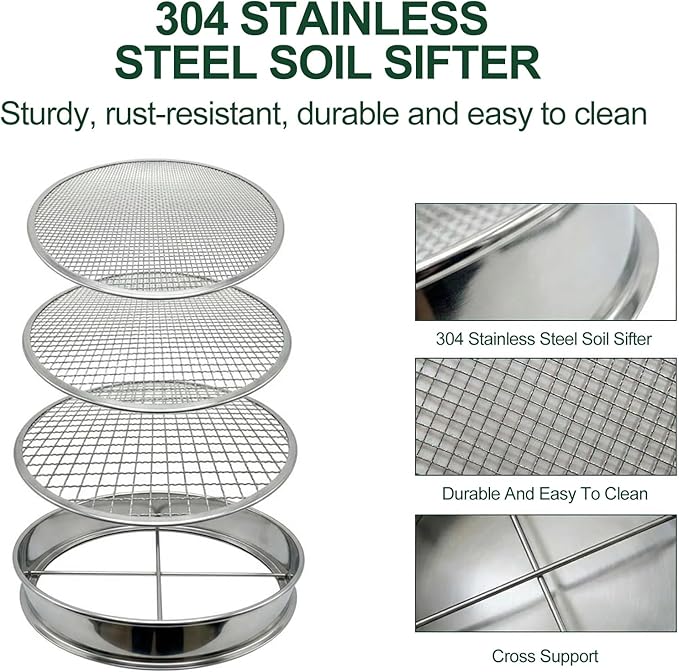 11.8 Inch Garden Soil Sifter Set Dirt Sifter with Interchangeable Screens,Multi-Functional Rock Sifter for Gardening Compost Bonsai and Sand Separation (Silver)