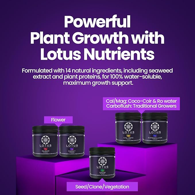 Lotus Nutrients Bloom Pro Series, Water Soluble Hydroponic Plant Food for Flowering and Fruiting, 14+ Ingredient Powder with 100% Chelated Micronutrients and Amino Acids, Coco Coir, Hydro, Soil (16oz)