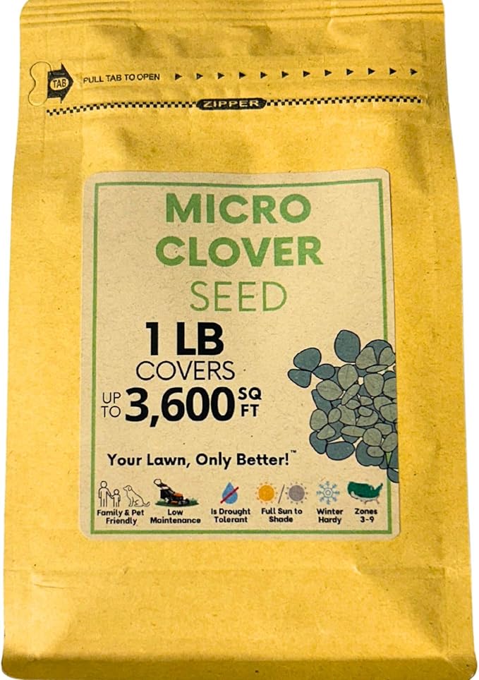 Flawn Seed Kits Micro Clover Seed, 1 Lb, Organic Coated, Eco-Friendly, Low Growing, Low Maintenance, Lawn Alternative, Kraft Zipper Pouch, Covers up to 3,600 Sqft