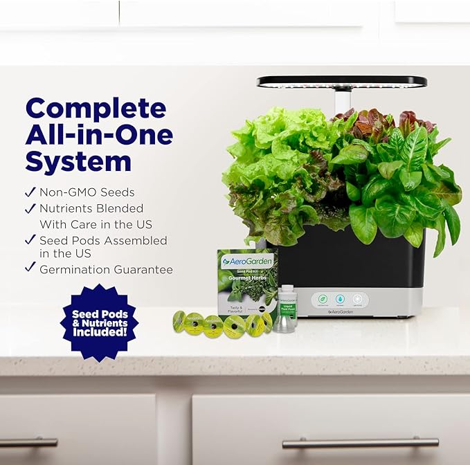 AeroGarden Harvest Indoor Garden Hydroponic System with LED Grow Light and Herb Kit, Holds up to 6 Pods, Black