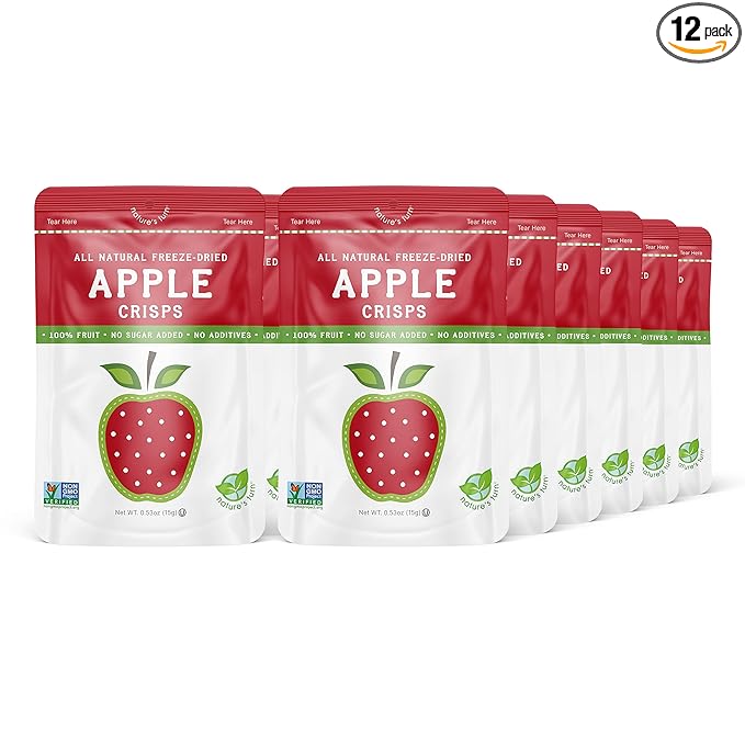 Nature’s Turn Freeze-Dried Apple Crisps – Healthy, Gluten-Free, Crispy & Delicious, Plant-Based Snack, Ideal for Cereal, Smoothies, School Lunches, & On-the-Go, Bags of 12 (0.53 oz Each)