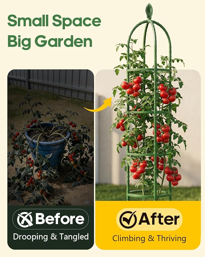 Joyhalo 2 Pack Trellis for Climbing Plants Outdoor, 74 Inch High Adjustable Garden Trellis for Flowers, Green Plastic Coated Steel Plant Stakes Use As Tomato Cage