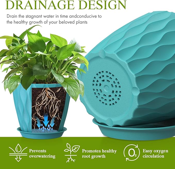 8" Water Wave Plant Pots with Drainage Holes & Saucers, 4 Pack Modern Textured Medium Planters for Indoor Outdoor Plants, Decorative Flower Pots Repotting Set for Flowers, Herbs (Blue)
