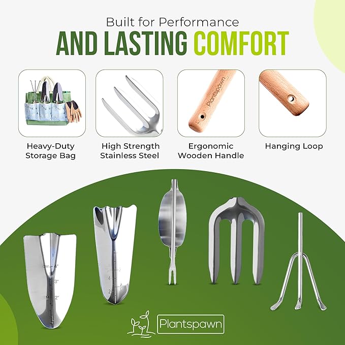 9 PCS Gardening Tools Set with Bag | Heavy-Duty Rust-Proof Hand Tools, with Wooden Handles 15 Plant Tags Included | Garden Tools, Gardening Essentials, Garden Supplies Gift for Men, Women & Gardeners