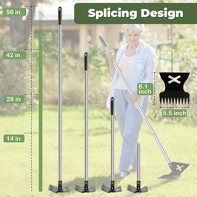 Weed Puller Tool with Long Handle 2.0, Upgraded Weeding Remover Tool, 56" Heavy Duty 10 Teeth Weed Rake & Garden Hoe 2 in 1 Manual Hand Gardening Weeder Tools for Garden, Yard, Patio, Lawn
