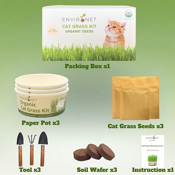 Environet Cat Grass Kit for Indoor Cat, Organic Grass Growing Kit with Seeds, Soil and Planting Tools, Quick Germination, Perfect for Beginners