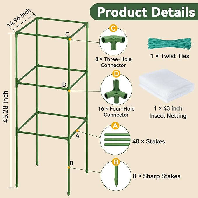 Halatool Heavy Duty Tomato Cages for Garden, 45 Inch Metal Square Tomatoes Cage,Adjustable Folding Tomato Trellis for Climbing Plants Vegetables Flowers Fruits,2 Pack
