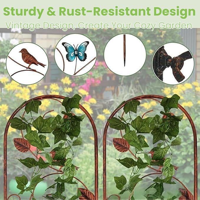 Lancisism 2 Pack 100% Metal Garden Trellis for Climbing Plants Outdoor - Heavy Duty Rustic Iron Arch Fence Trellis Rustproof Plant Support Trellis for Vines, Flowers, Vegetables & Wall Brackets
