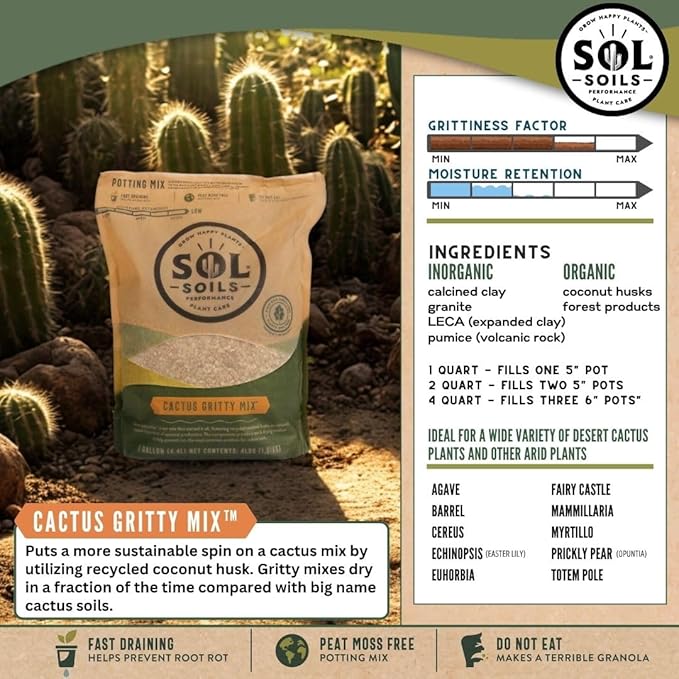 Sol Soils Gritty Cactus Soil Potting Mix - Fast Draining and Peat Moss Free with Coconut Husk Chips, Granite, Calcined Clay & Pumice for Indoor and Outdoor Plants - 2 Quarts