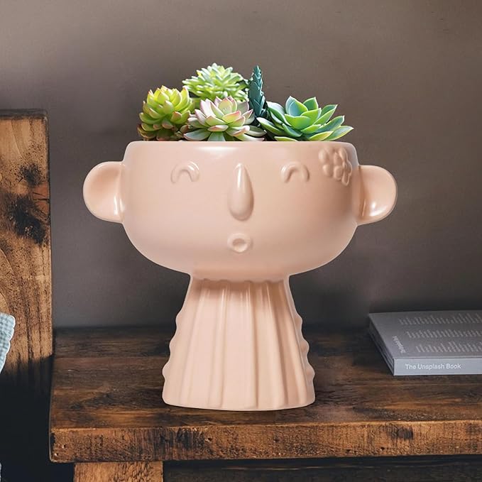 Face Flower Pots - 7 Inch Ceramic Pots for Plants Indoor Outdoor, Decorative Head Planter, Small Cute Succulent Planters with Drainage Hole, Room House Decor, Gifts for Plant Lover, Matte Pink