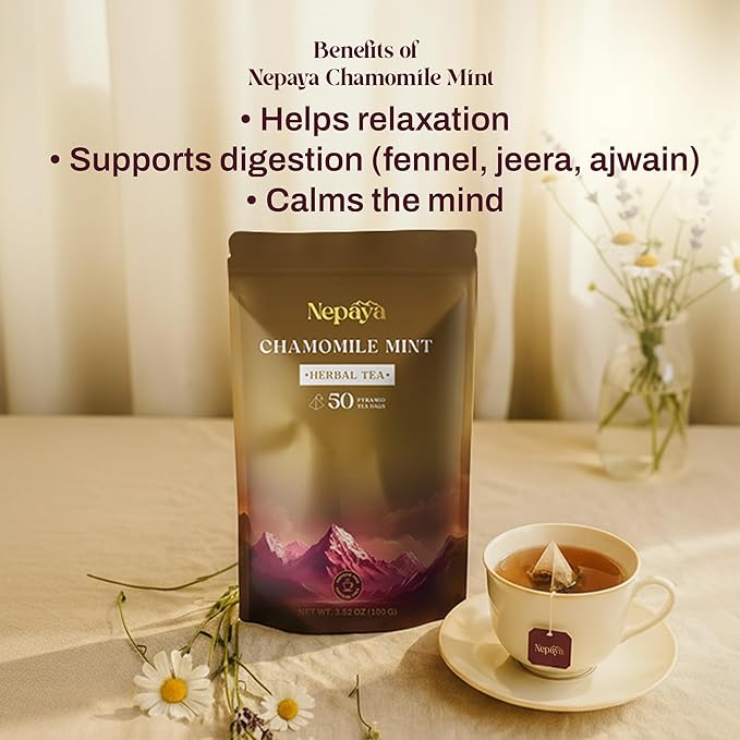 Chamomile Mint Herbal Tea Bags, Relaxing Bedtime Blend with Lemongrass, Peppermint Individually Wrapped Pyramid Tea Bags, Fennel & Peppermint, Caffeine Free Teabags, Hot or Ice Tea, 50 Biodegradable Tea Bag
