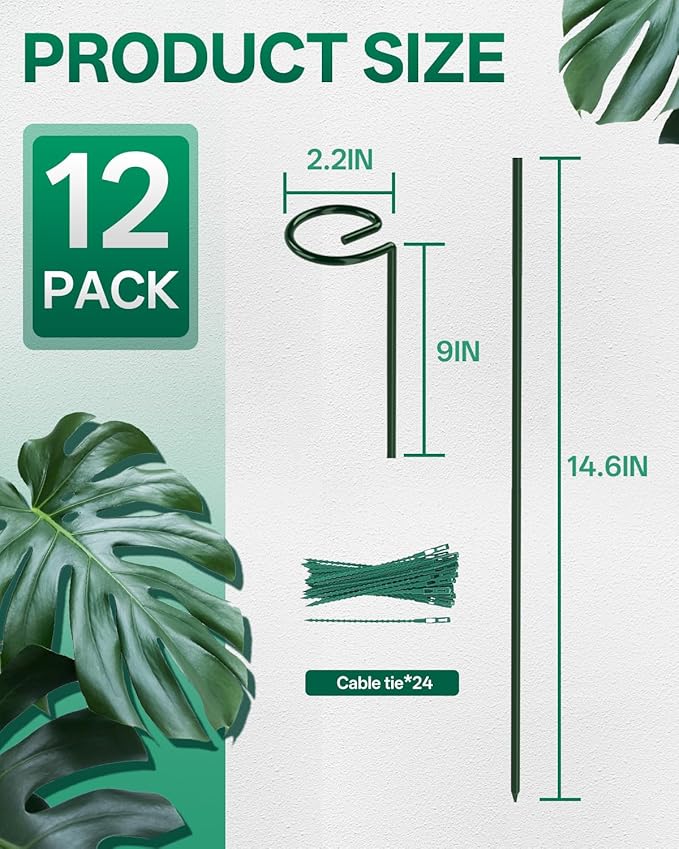 Breeze Touch 12 Pack Plant Stakes, 23.6 Inch Plant Support Stakes with 15 Twist Ties, Plant Sticks Support, Flower Stakes for Plants Peony, Tomato Seedling, Marigold, Amaryllis, Sapling, Coreopsis