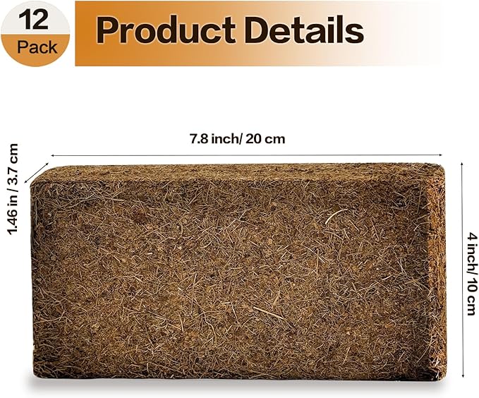 Cheardia 12 Packs High Nutrition Coconut Coir Brick, High Expansion Coconut Fiber Substrate with Low EC and PH Balance, Organic Coco Coir for Garden Soil Potting Flower Herbs Vegetables