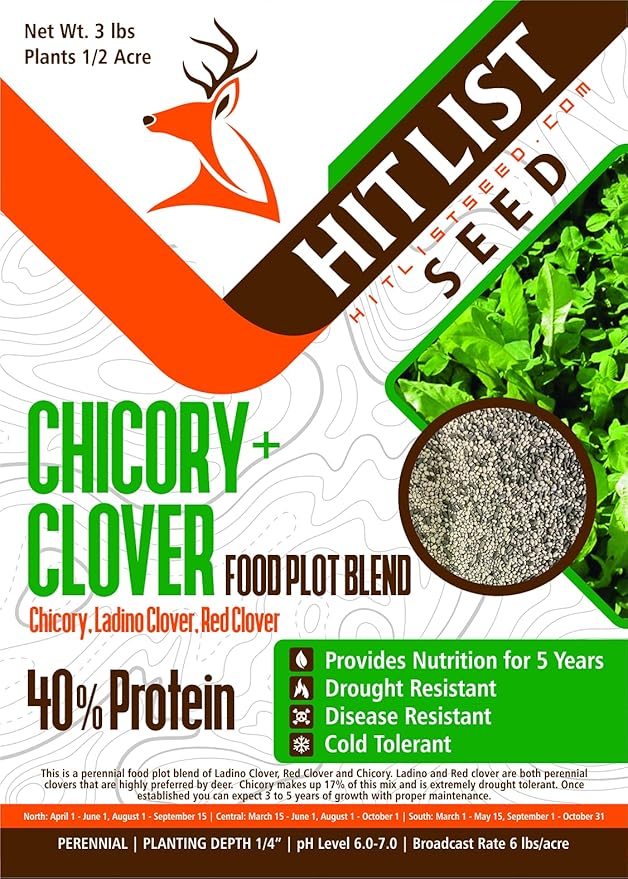 HIT LIST SEED® Chicory + Clover Food Plot Seeds for Deer [Perennial] - Deer Food Plot Seed Perennial - Deer Plot Seed Mix - Chicory, Ladino Clover, Red Clover - Spring, Summer & Fall Planting - 3 lbs