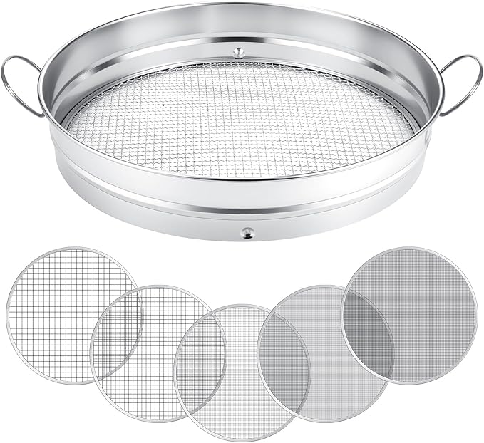 14.57'' Large Soil Sifter for Gardening with 1, 3, 6, 9, 12 mm Sieve Mesh Compost Dirt Sifter with Handle Garden Sand Soil Rock Sieve for Dirt Sand Rocks Pellet Gravel (Sliver)