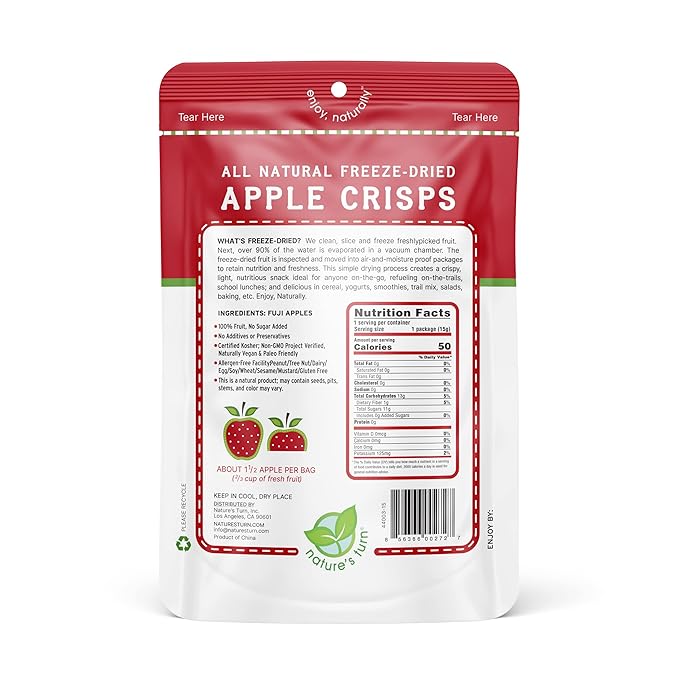 Nature’s Turn Freeze-Dried Apple Crisps – Healthy, Gluten-Free, Crispy & Delicious, Plant-Based Snack, Ideal for Cereal, Smoothies, School Lunches, & On-the-Go, Bags of 6 (0.53 oz Each)