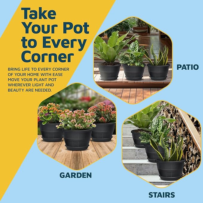 10-Inch Whiskey Barrel Planters Outdoor Pack of 2 - Durable Plastic Plant Pots for Indoor & Outdoor Use with Drainage & Saucer, Lightweight Rustic Barrel Planters for Flowers, Herbs & Small Plants