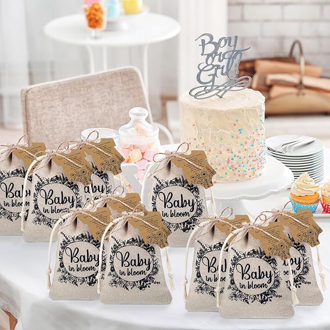 Fumete 50 Set Baby Shower Party Favors for Guests Baby in Bloom Seed Packets Wildflower Organizer Seed Packets Burlap Bag with Drawstring Thank You Cards and Twine for Party Favor Guests, No Seeds