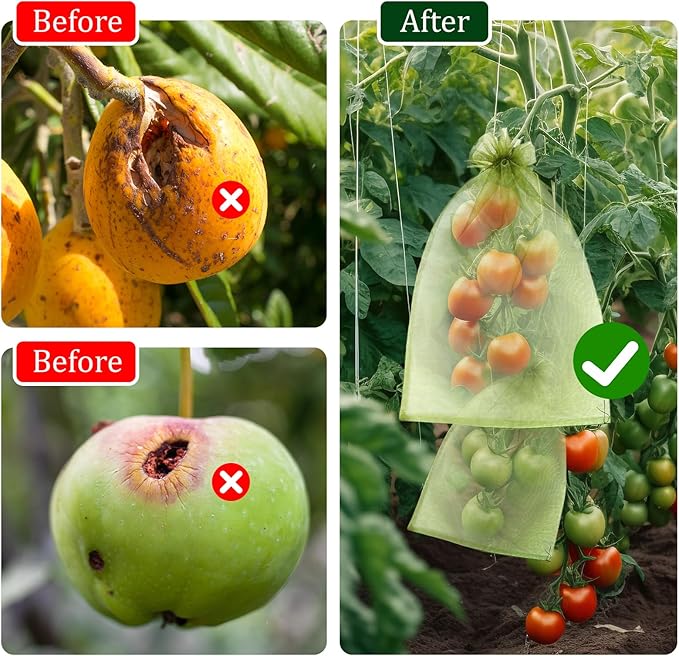 50 PCS 8X12 inches Fruit Protection Bags, Fruit Bags for Fruit Trees, Green Netting Fruit Cover Bags Drawstring Mesh Fruit Protectors Pest Barrier for Fruit Trees Veggies Garden