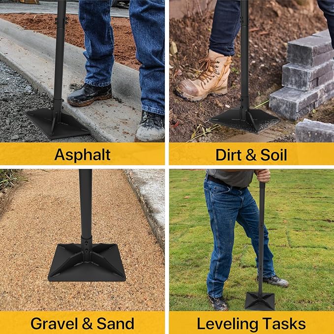 Steel Tamper Tool, Hand Tamper with Larger 8"x10" Rectangular Metal Tamper Head, 49 inch Long Handle Ground Tamper Tool for Dirt, Heavy Duty Garden Tamper for Soil, Landscaping, Black