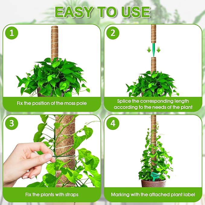 EAONE Moss Pole 128 Inch, 8 Pack 16" Monstera Plant Support for Climbing Potted Live Plants Indoor, Stackable Coco Coir Moss Sticks Monstera Stakes for Pothos Philodendron, with Garden Labels & Ties