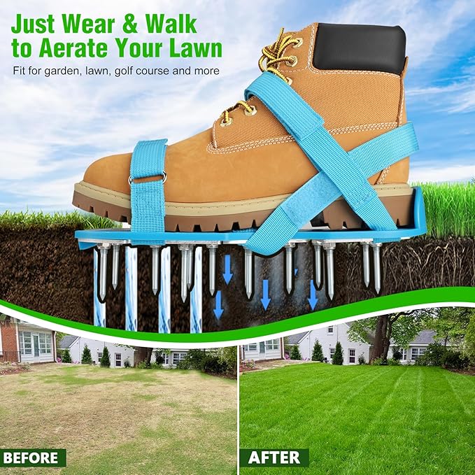 Lawn Aerator Shoes for Grass - Pre-Assembled Grass Aerator Shoes for Lawn - Soil Yard Aerator Tool for Aerating Patio Garden, Blue, Large Size