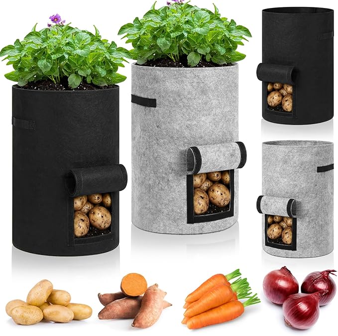 Yoojahow 4 Pack 30 Gallon Potato Grow Bags with Harvest Window, Durable Garden Planter Bags with Handles for Potatoes, Tomatoes, and Vegetables - Indoor & Outdoor Gardening Supplies (Black,Gray)