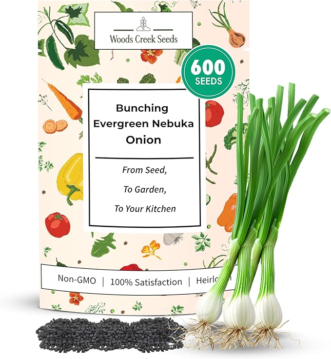 Woods Creek Seeds: Bunching Evergreen Nebuka White Onion Seeds for Planting - Heirloom Green Onion Seeds for Planting - Non-GMO Heirloom Seed Pack of Crisp Onions for Outdoors and Home Gardening