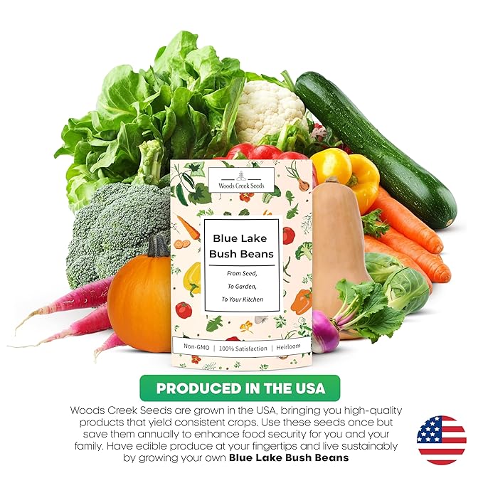Woods Creek Seeds: Blue Lake Bush Bean Seeds for Planting - Non-GMO Green Bean Seeds for Planting - Tender Stringless Variety - USA Grown Heirloom Bush Beans Vegetable Seed for Outdoors and Indoors