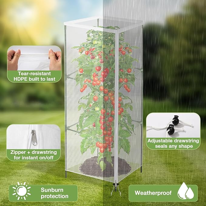 6 Pack 59" x 17.7" Garden Bird Netting for Square Tomato Cage, Tomato Trellis Netting with Zipper & Drawstring, Insect Bird Barrier Plant Cover