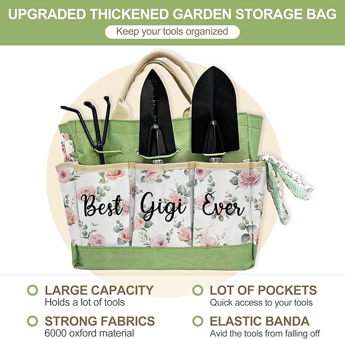 Gifts for Gigi Mothers Day, Gardening Kit Gigi Gifts from Grandkids Floral Gardening Tools and Durable Garden Tools Organizer Tote, Ideal Gardening Gift for Women on Birthday Plant Lover Present